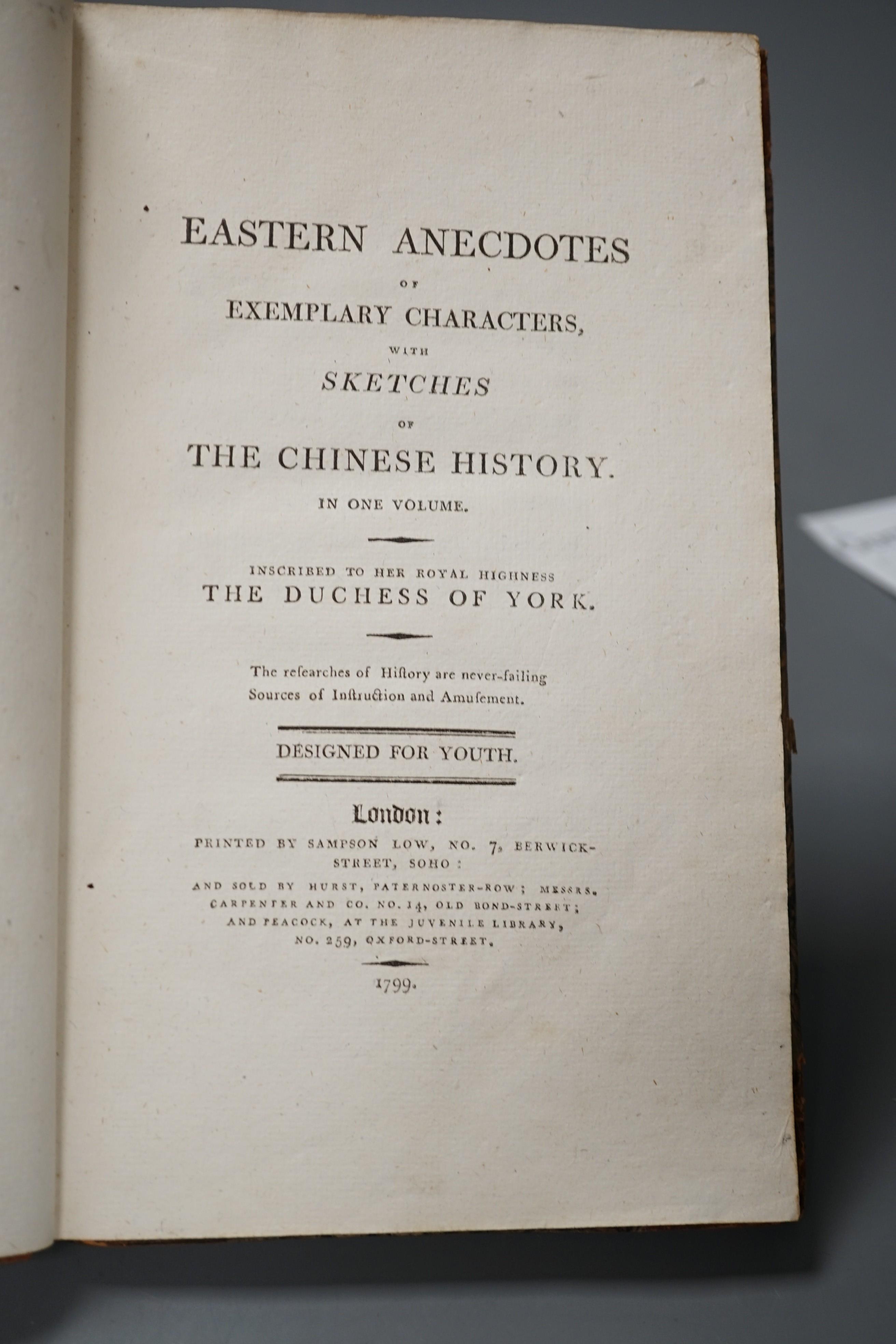 Anon - Eastern Anecdotes of Exemplary Characters, with Sketches of the Chinese History, 8vo, half calf, spine joints cracked, rubbed and with loss, Sampson Low, London, 1799 and Shaw, Bernard - Saint Joan, 2nd impression